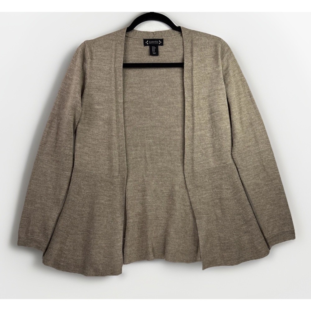 Nanette‎ Lepore Cardigan Women M Taupe Merino Wool Peplum Open Front - Picture 2 of 10